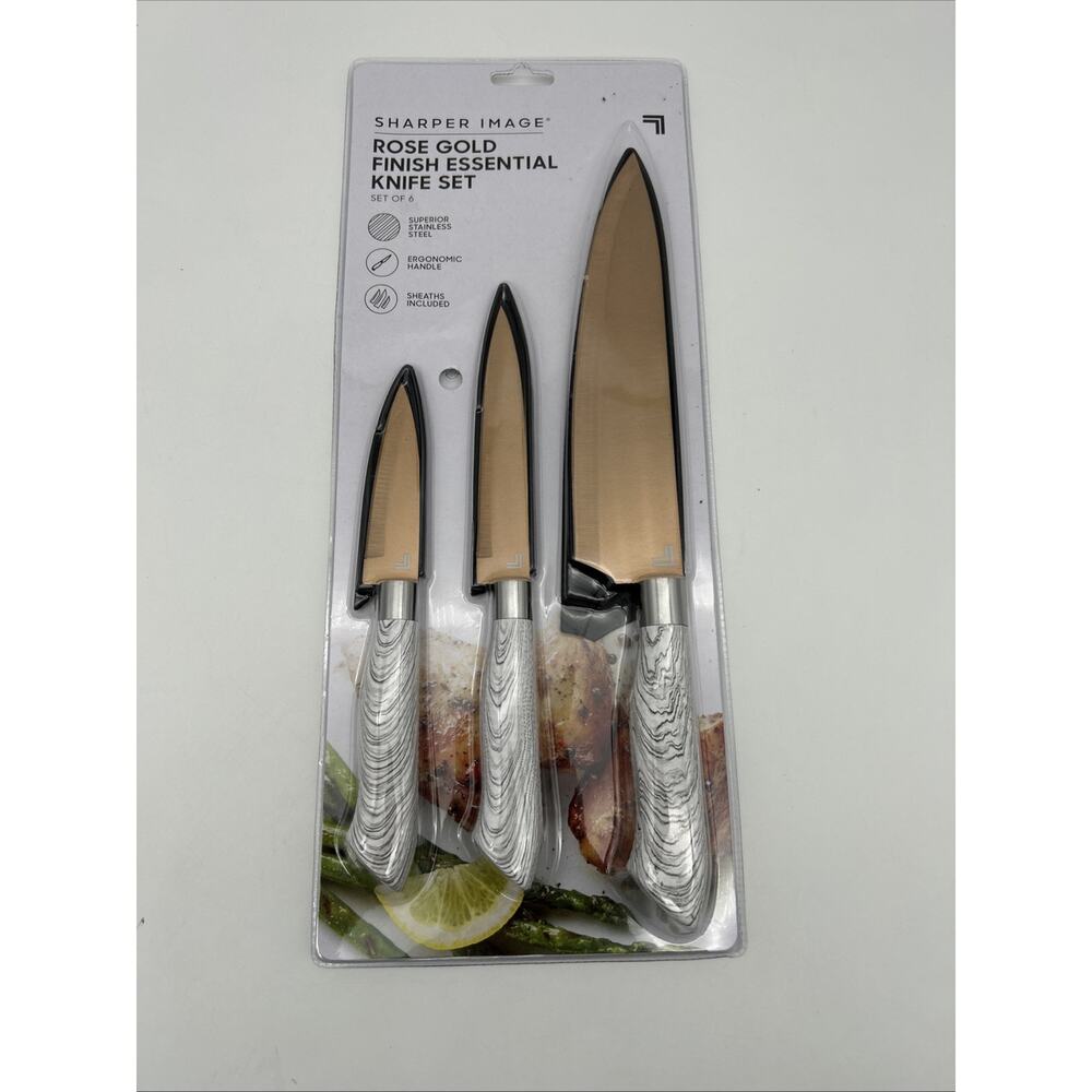 Sharper Image Rose Gold Knife Set 3pc Chef Utility Paring w/ Sheaths New